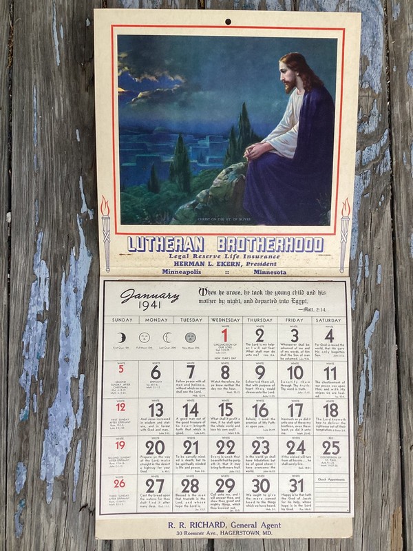 1941 R.R. Richard Agent Lutheran Brotherhood Life Ins. Calendar Hagerstown MD