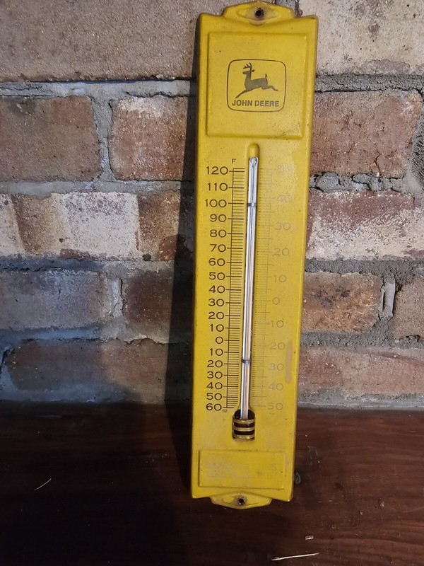 1969 JOHN DEERE METAL THERMOMETER DEALER SIGN FARM SEED FEED PIG COW (WORKS)