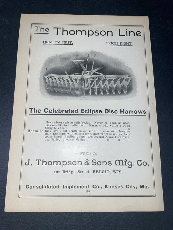 ORIGINAL 1907 Thompson Eclipse Disc Harrows Farm Implement Advertising