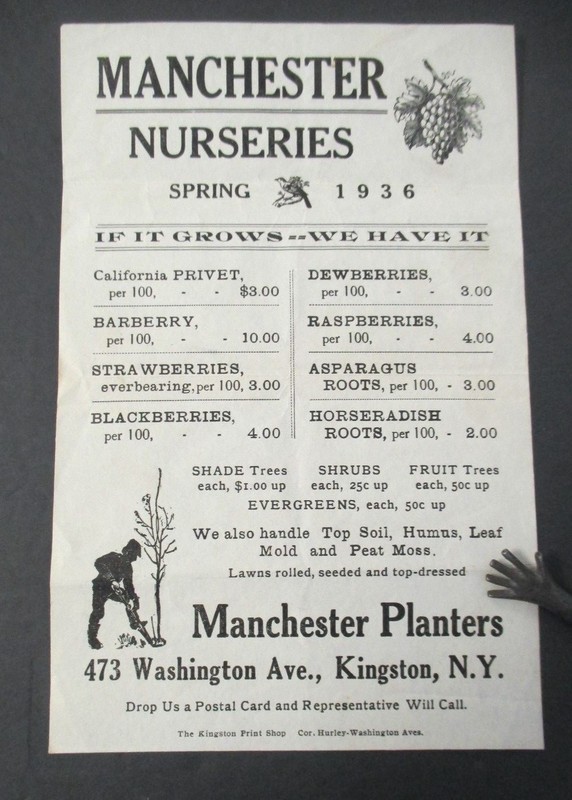 MANCHESTER NURSERIES, SPRING 1936 Flyer or Handbill, Kingston, NY