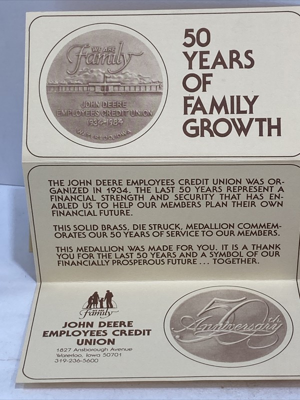 JOHN DEERE Credit Union Waterloo Ia 50th anniversary  bronze Medallion 1984 gallery