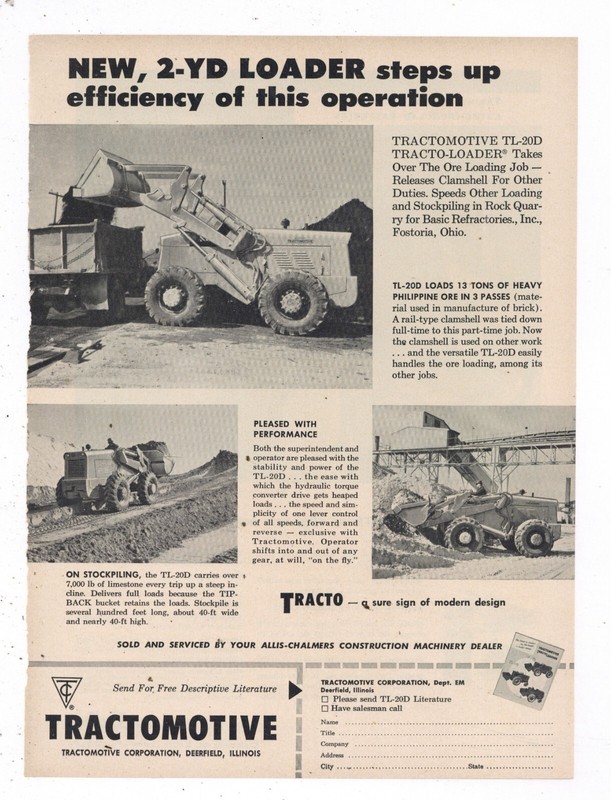1957 Tractomotive Co. Ad: TL-20D Loader – Basic Refractories – Fostoria, OhiO