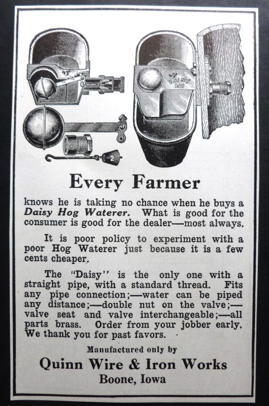 RARE Vtg 1913 DEALER Ad – Quinn Wire & Iron Works Daisy Hog Waterer Boone IA
