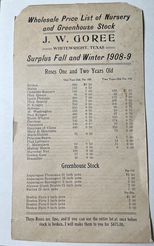 antique 1908 -09 J.W. GOREE Nursery WHITEWRIGHT TEXAS Greenhouse PRICE LIST