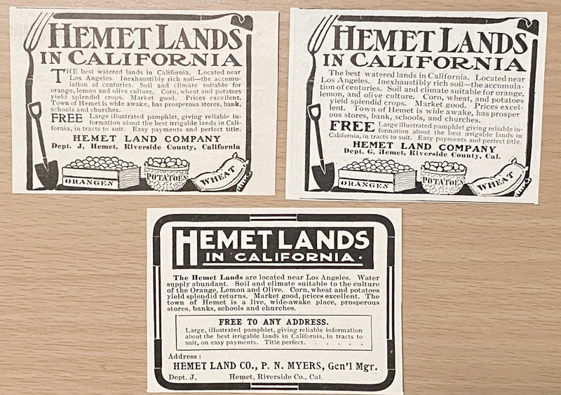HEMET LAND CO California P.N.Myers Gen.Mgr c1900s Real Estate Sales Print Ad Lot