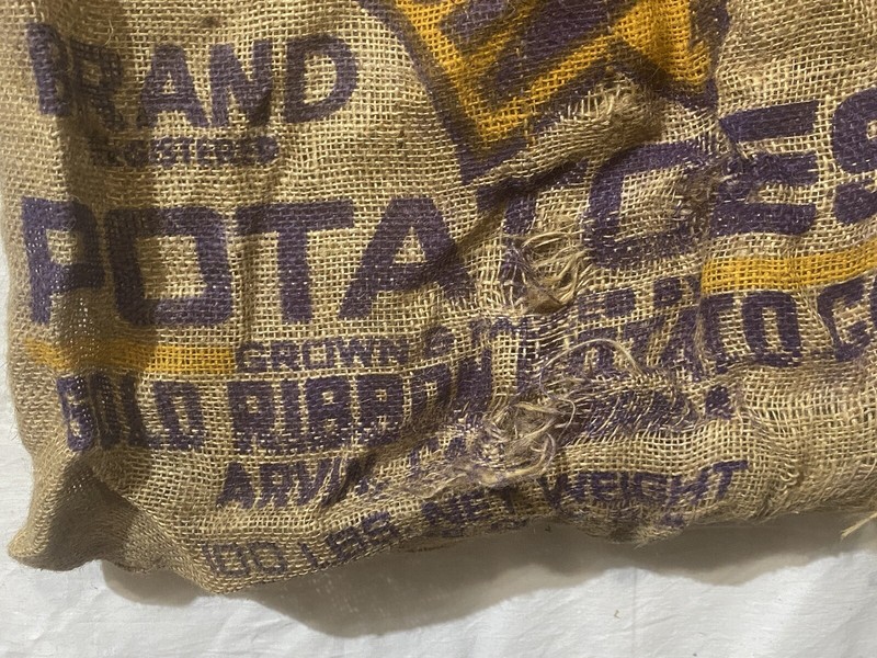Vtg Gold Ribbon Brand Potatoes Burlap Advertising Bag Arvin California Potato gallery