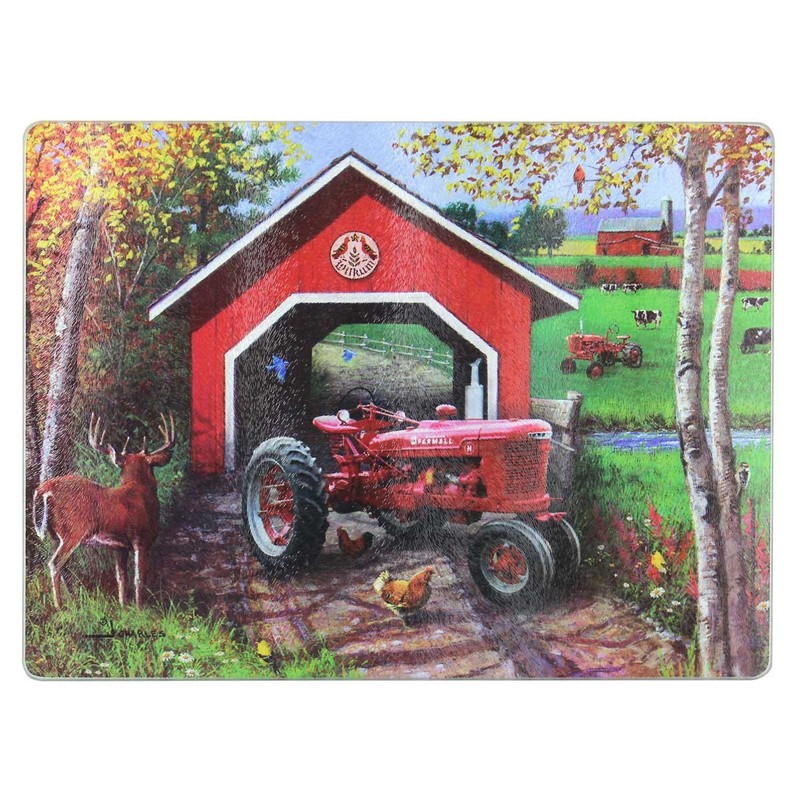 IH Farmall H Tractor Covered Bridge Glass Cutting Board 15.5in x 11.75in 42013