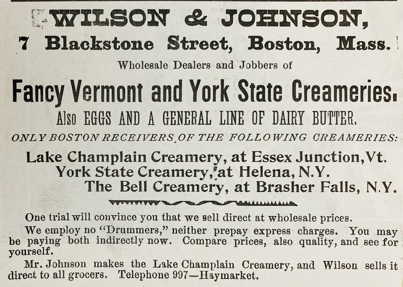 1899 AD.(XH63)~WILSON & JOHNSON CO. BLACKSTONE ST. BOSTON. VERMONT CREAMERIES