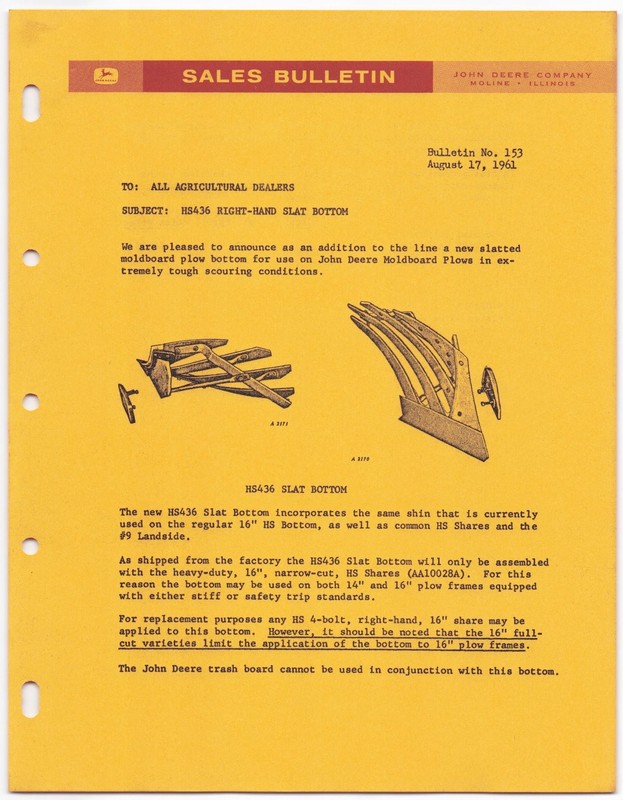 Vintage 1961 John Deere Sales Bulletin Dealership Memo – Plows HS436 Slat Bottom
