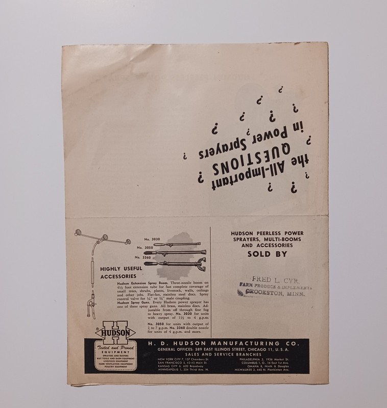 Vintage Mailer Hudson Peerless Power Sprayers Fred L Cyr Implements Crookston MN