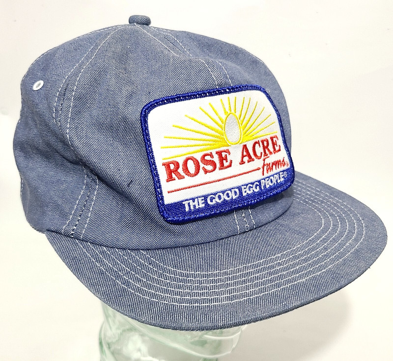 VTG USA Made K-Products Denim ROSE ACRE Farms Good Egg People Trucker CAP HAT