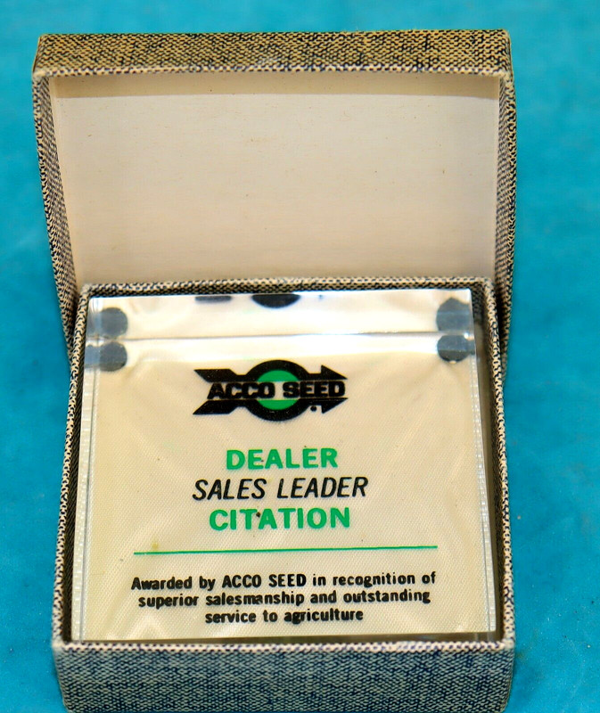ACCO Seed Company Award Dealer Citation Sale Leader Paperweight Advertising Vtg