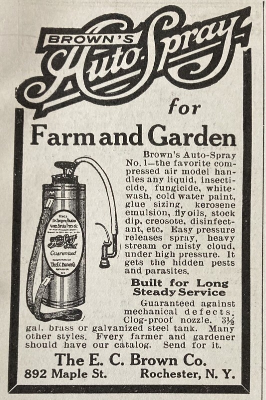 1926 AD(XG23)~E.C. BROWN CO. ROCHESTER, NY. FARM AND GARDEN SPRAYER