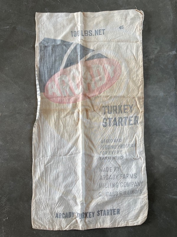 Vintage ARCADY TURKEY STARTER Cloth Cotton Bag Sack 100 lb Feed Farm Chicago Ill