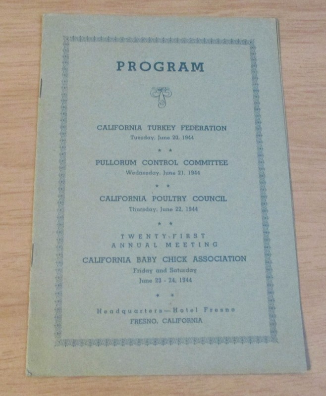 VTG 1944 WWII Era ‘PROGRAM’~California TURKEY/Poultry/CHICK~”HOTEL FRESNO”~
