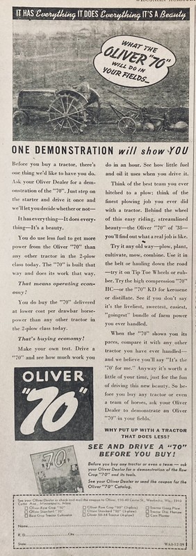 1937 AD.(XH18)~OLIVER CO. WAUKESHA, WIS. OLIVER HC “70” OR KD “70” TRACTOR