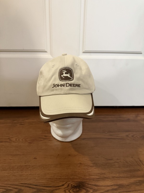 John Deere Beige Baseball Cap Brown Trim Adjustable Agriculture Label