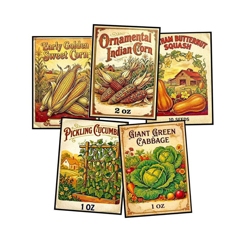 5 Vegetable Seed Packet Stickers with Beautiful Retro Antique Designs, 1 Sheet