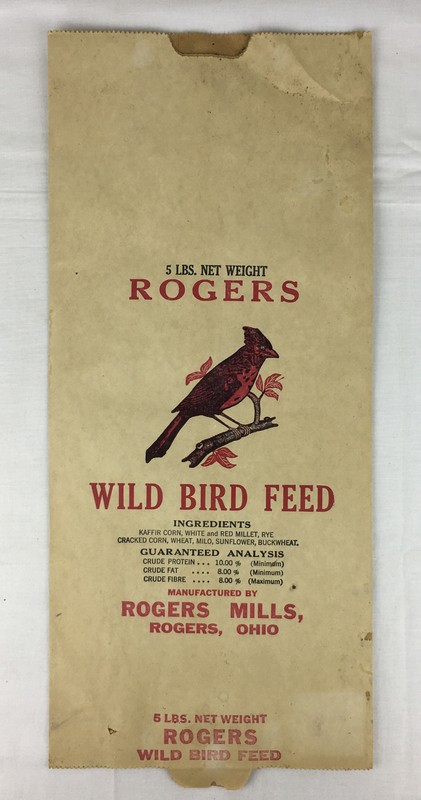 EMPTY Vtg 5 lb Rogers Mills Wild Bird Feed Paper Sack Cardinal Logo Rogers Ohio