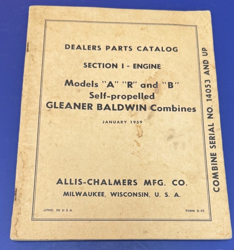 ALLIS CHALMERS Parts Catalog for A R B Combine Engines