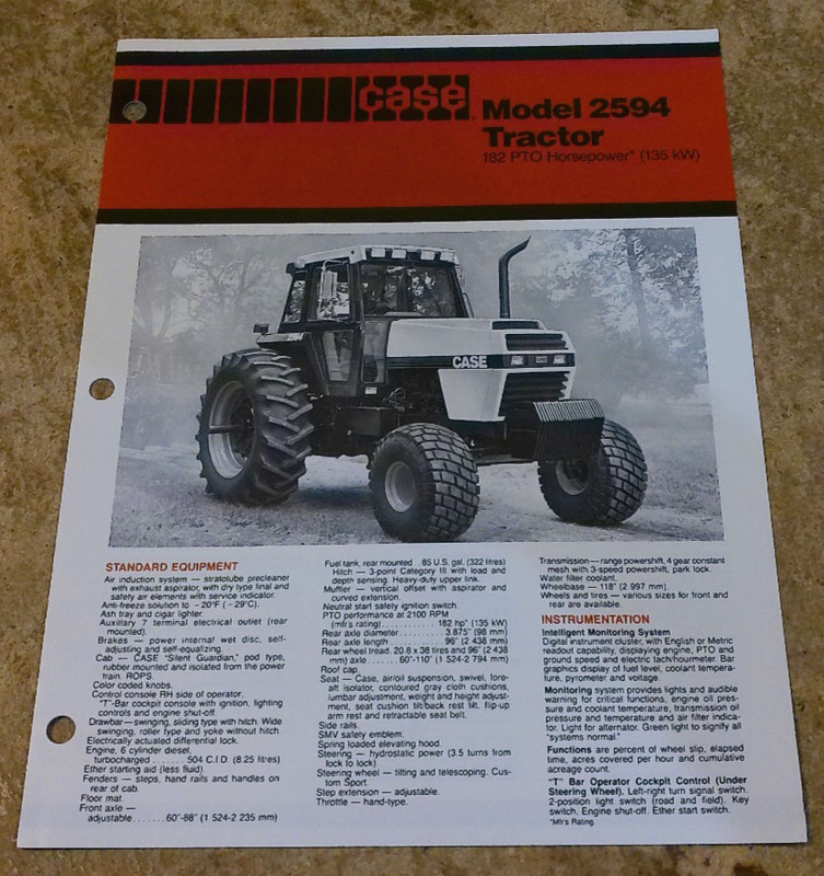 vintage case 2594 tractor two page spec. brochure in nice shape used