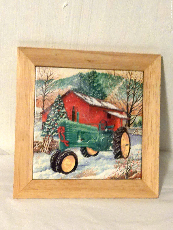 John Deere Framed Painted Hanging Ceramic Wall Tile Winter Scene Licensed 9″X9″