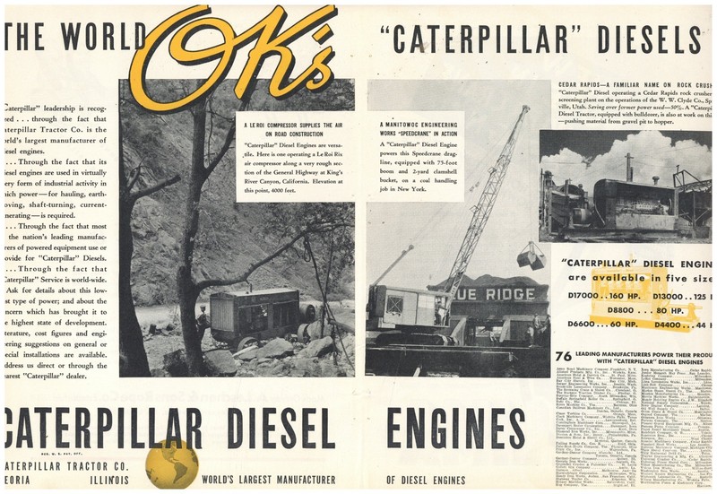 1937 Caterpillar Diesel Engines TRUE CENTERFOLD Ad: Manitowoc Speedcrane Le Roi