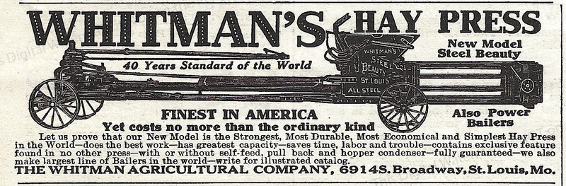 1911 Whitman’s Hay Press Ad * New Model The Whitman Agricultural Co St. Louis MO