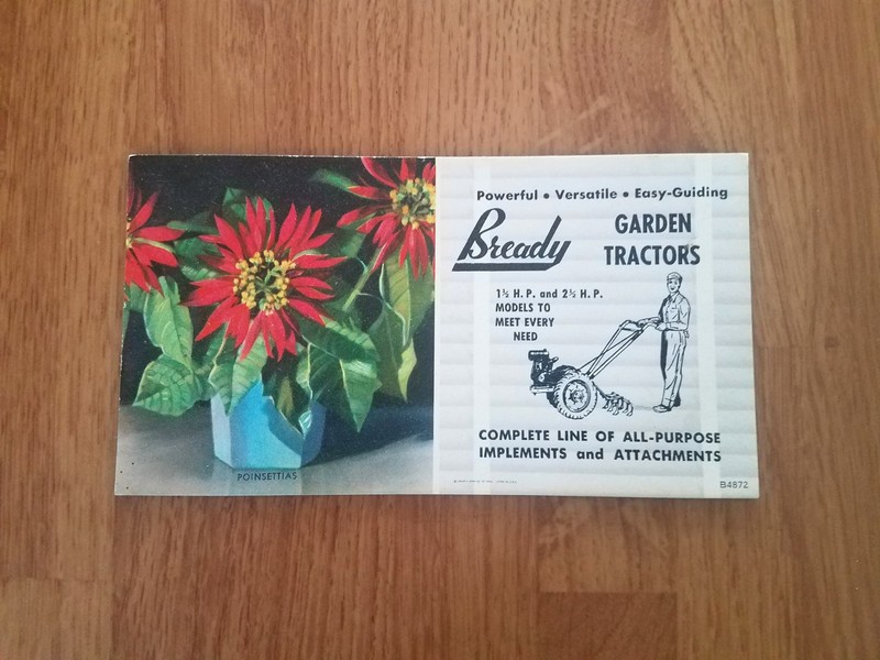 Vintage 1950s Bready Garden Tractor Advertising Farm Trade Card Blotter Brochure