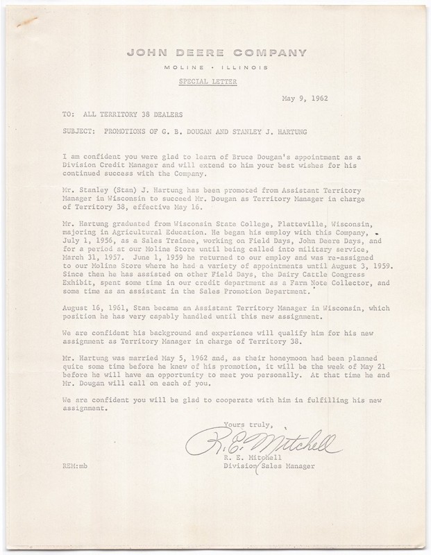 VTG 1962 John Deere Sales Bulletin Dealership Memo BRUCE DOUGAN STANLEY HARTUNG