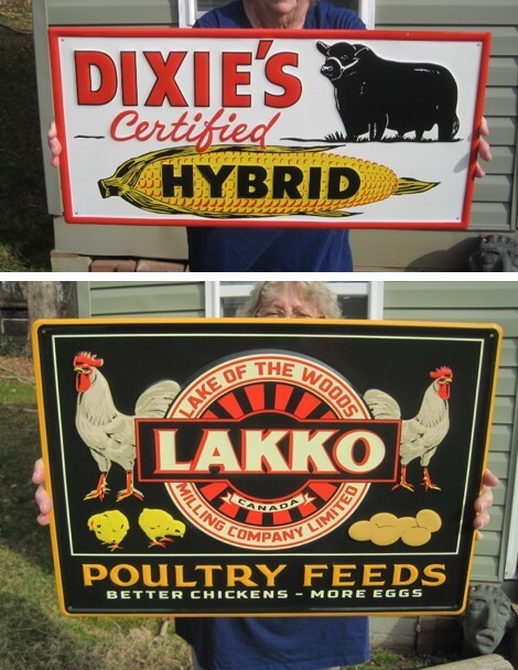 (2) Steel Feed & Seed Stores Metal Advertising Signs Lakko & Dixie Seed Feeds