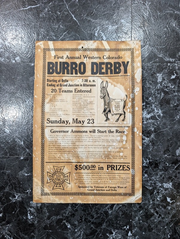 Very Rare Western Colorado Burro Derby Advertising Sign Poster 1937
