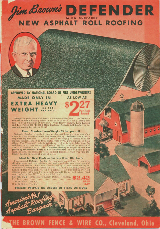 1943 Print Ad DEFENDER ASPHALT ROLL ROOFING 9.5″ x 6.5″ Jim Brown product