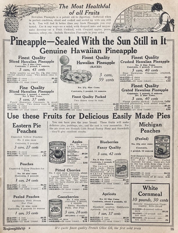 1916 AD.(XG3)~MONTGOMERY WARD CO. CATALOG PG.~HAWAIIAN PINEAPPLE AND PIE FILLING