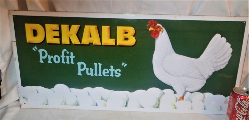 1960's N.O.S. DEKALB COUNTRY CHICKEN PROFIT PULLETS METAL TIN EGG FARM FEED SIGN gallery