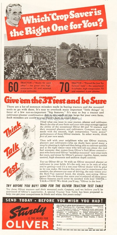 1941 Oliver 60 & &0 Series Farm Trctor Vintage 40s Print Ad Cultivator Planter