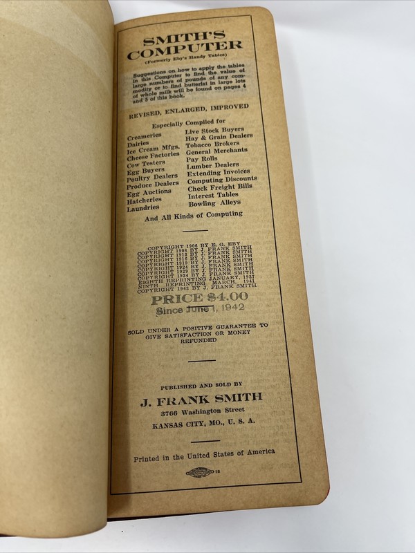 Vtg Butterfat Calculator Book 1940s Smith’s Computer Commodities