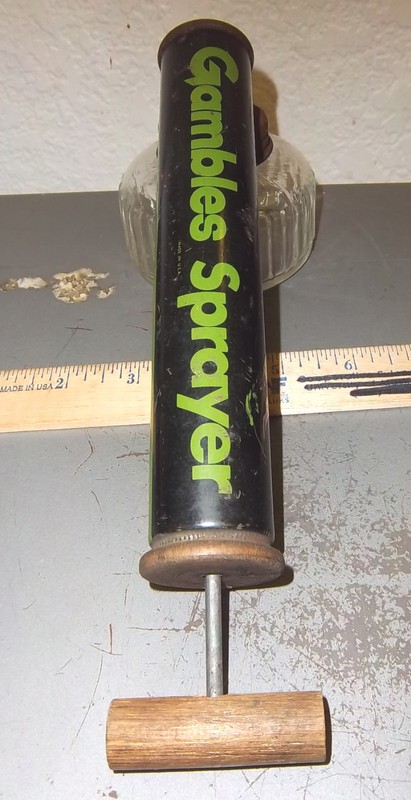 vintage GAMBLES sprayer, wood handle & glass container, great colors!! gallery