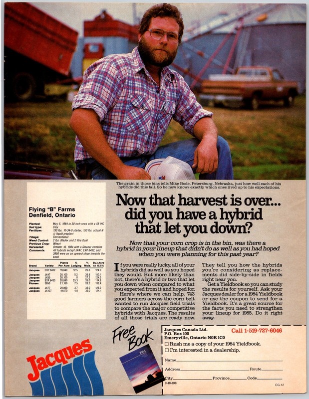 PRINT AD Jacques Seeds 1984 Hybrid Corn Harvest Mike Bode Petersburg Nebraska