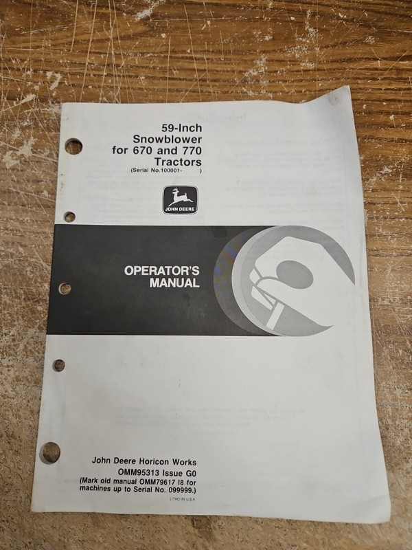 Vintage John Deere Operators Manual 59″ Snowblower 670 770 tractors OMM95313