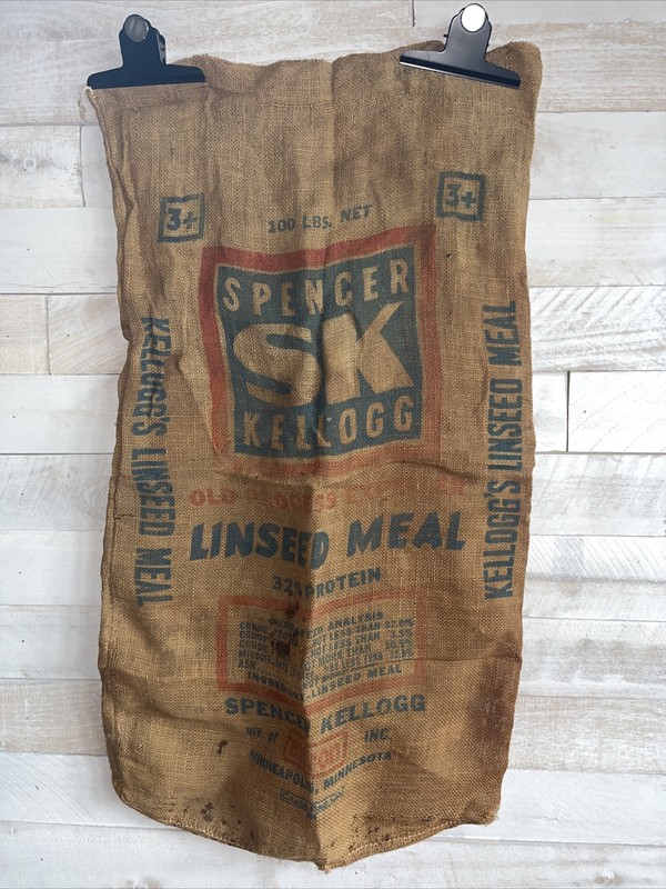 Vintage LARGE 200LB Burlap Feed Sack Spencer Kellogg (SK)