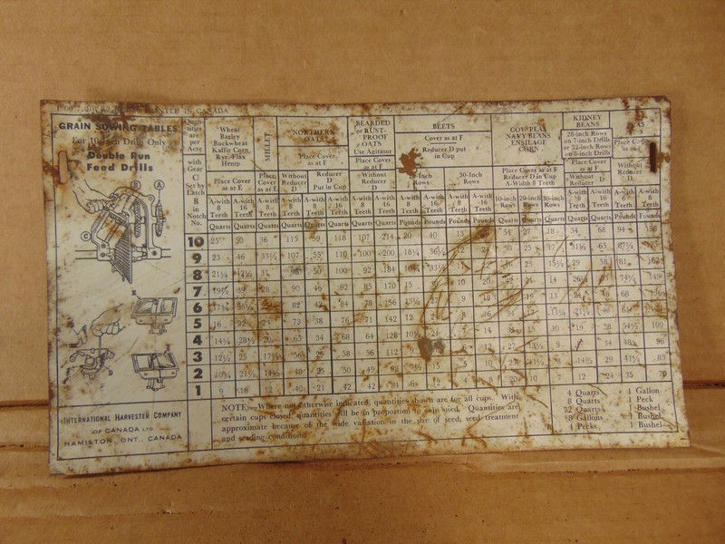 VINTAGE INTERNATIONAL IHC GRAIN SOWING CHART TABLE TIN LITHO SIGN DRILL FARM