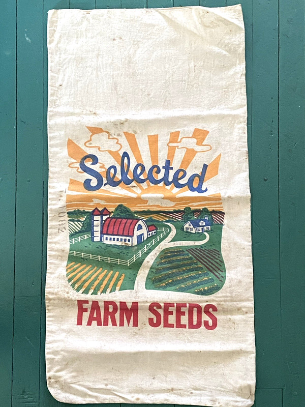 Rare Vtg SELECTED SEEDS Cloth BAG Farm~Barn~Silo~House~Garden Graphics Corn/Feed gallery