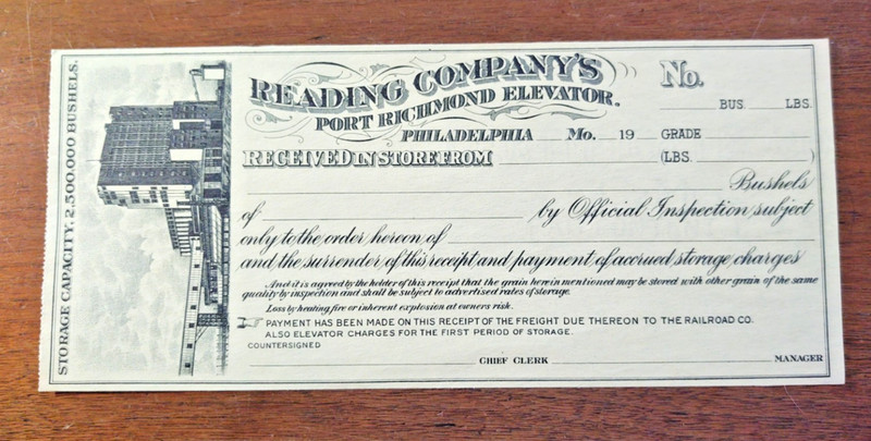 Antique Reading Company Grain Elevator / Port Richmond Receipt / Document