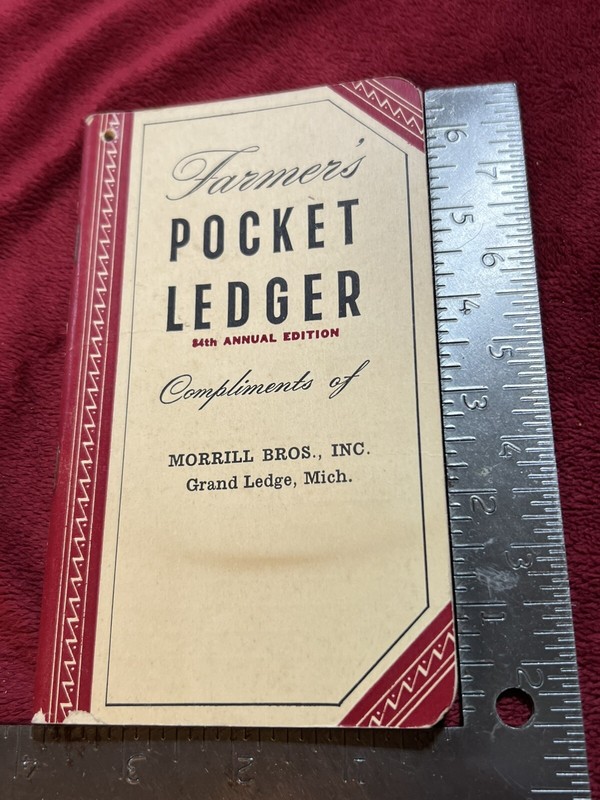 Vintage NOS 1950 John Deere Farm Pocket Ledger, Morrill Bros – Grand Ledge, MI.