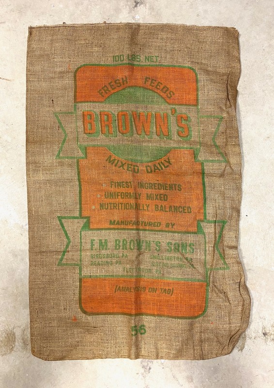Vintage F.M. Brown Burlap 100 lb Feed Bag Brown’s Fleetwood Reading Birdsboro PA