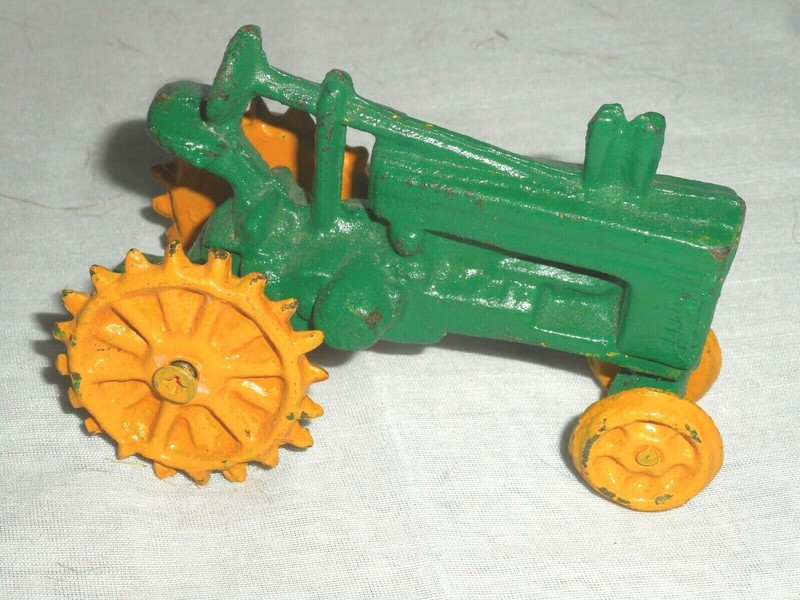 Cast Iron Farm Tractor Toy John Deere Green & Yellow Reproduction Miniature Size gallery