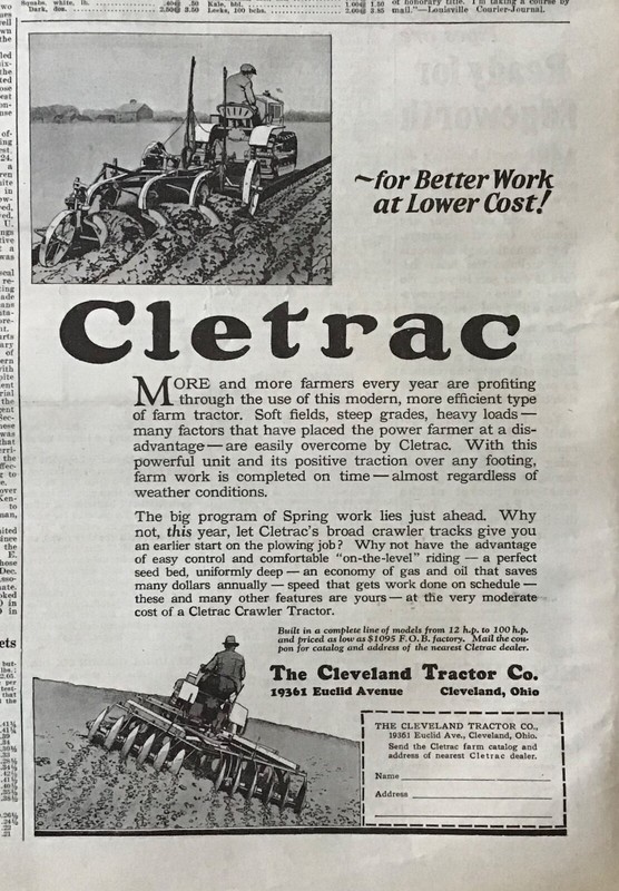 1930 newspaper ad for Cletrac Tractors – for Better Work at Lower Cost