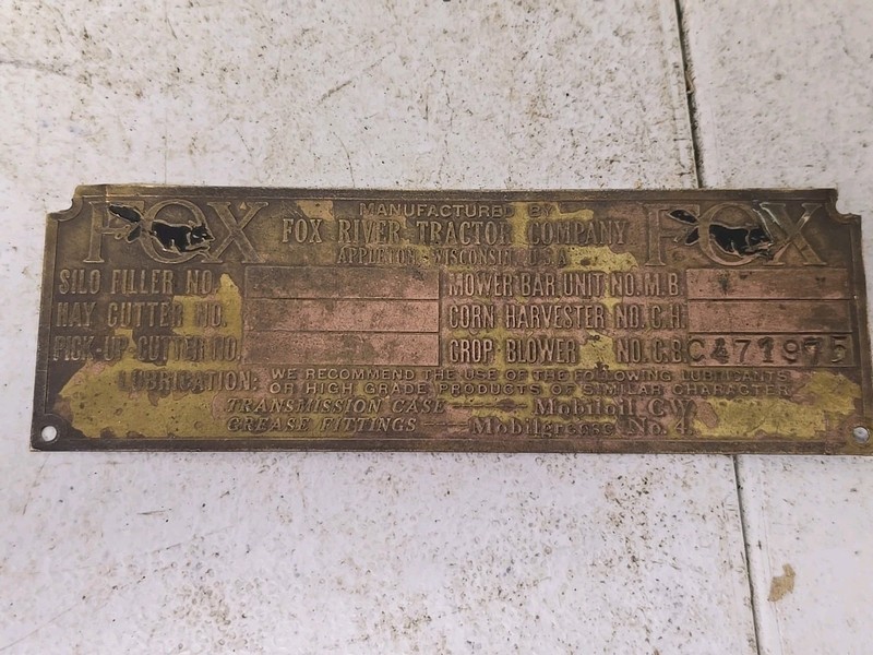 Rare Fox River Tractor Co. Crop Blower Brass Nameplate Mobiloil