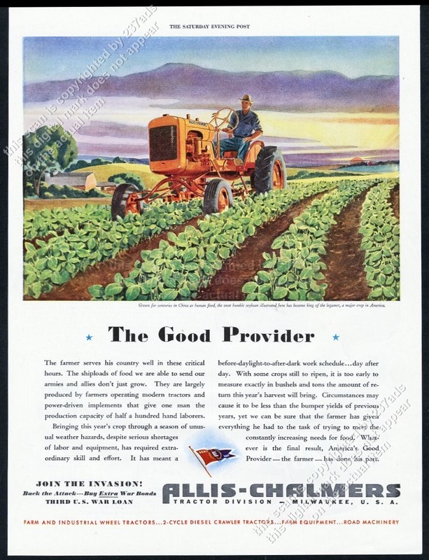1943 Allis Chalmers farm tractor soybean farmer art vintage print ad